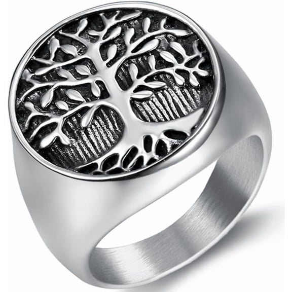 Stainless Steel Tree of Life Round Signet Ring