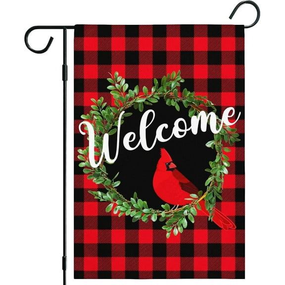 Cardinal Christmas Garden Flags for Outside 12x18 Inch, Christmas Wreath Welcome Garden Flag Burlap Vertical Buffalo Plaid Christmas Garden Flag Double Sided, Rustic Xmas Flag Holiday Yard Decor Flag