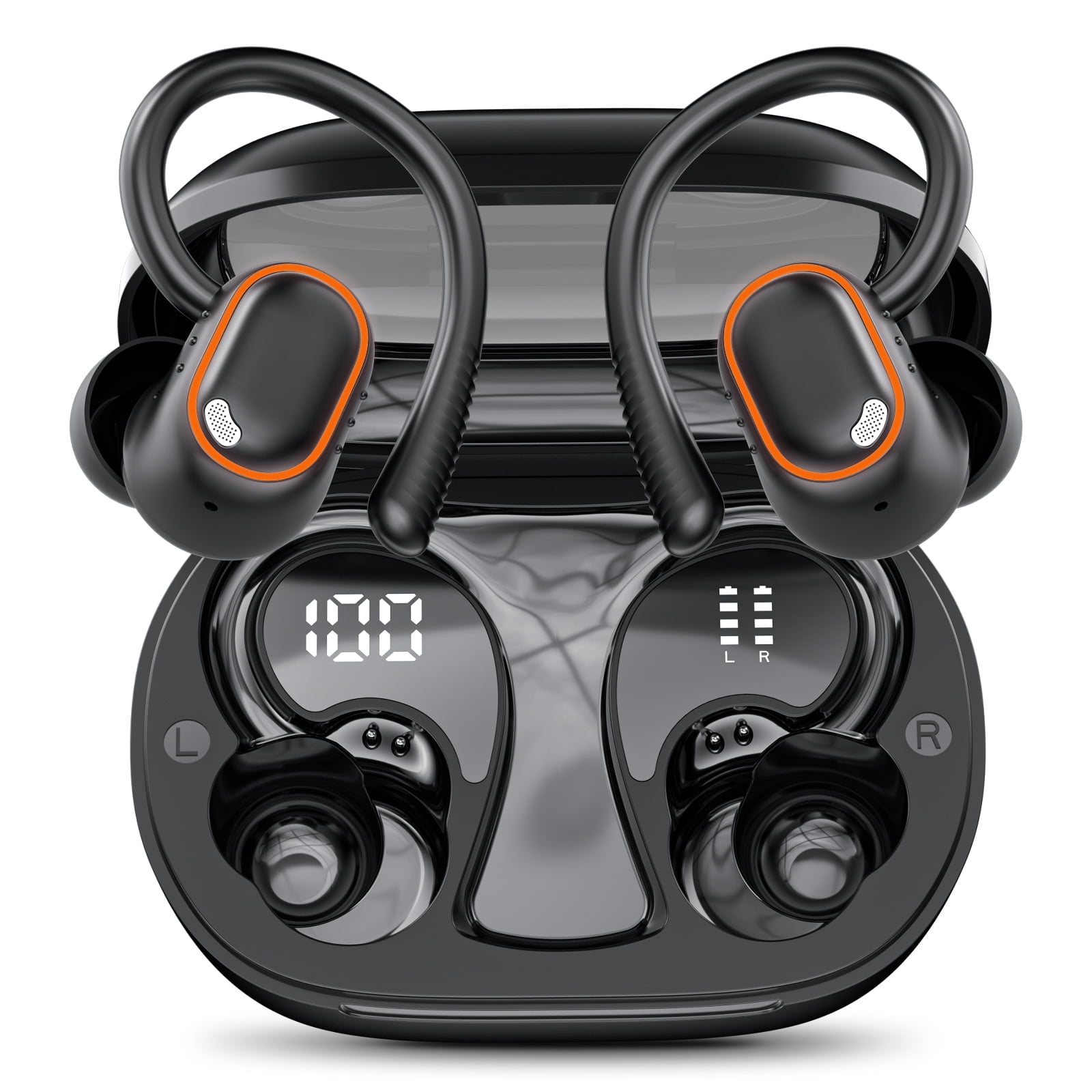 Wireless Noise Cancelling Earbuds Bluetooth for iphone Android, Over Ear Buds with ENC Mics, Deep Bass 40Hrs Playtime IPX7 Waterproof Headphones for Sport, Black