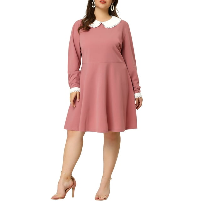Agnes Orinda Robe pour Femme Grande Taille Col Peter Pan Manches Longues Automne Hiver Midi Ligne A Robes 4X Rose