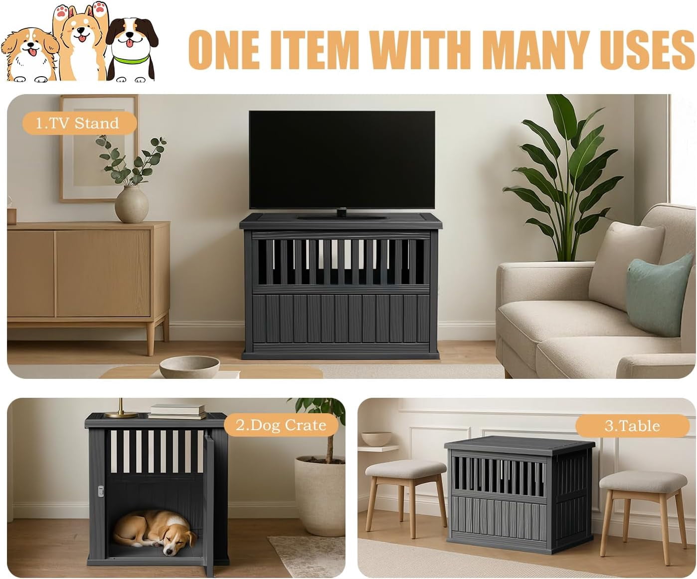Dog Crate Furniture for Small to Medium Dogs,Decorative Resin Kennel Indoor,Multifunctional Dog Crate with Locking Buckle,End Table,Durable and Sturdy(Black 29.65 * 21.34 * 25.28)