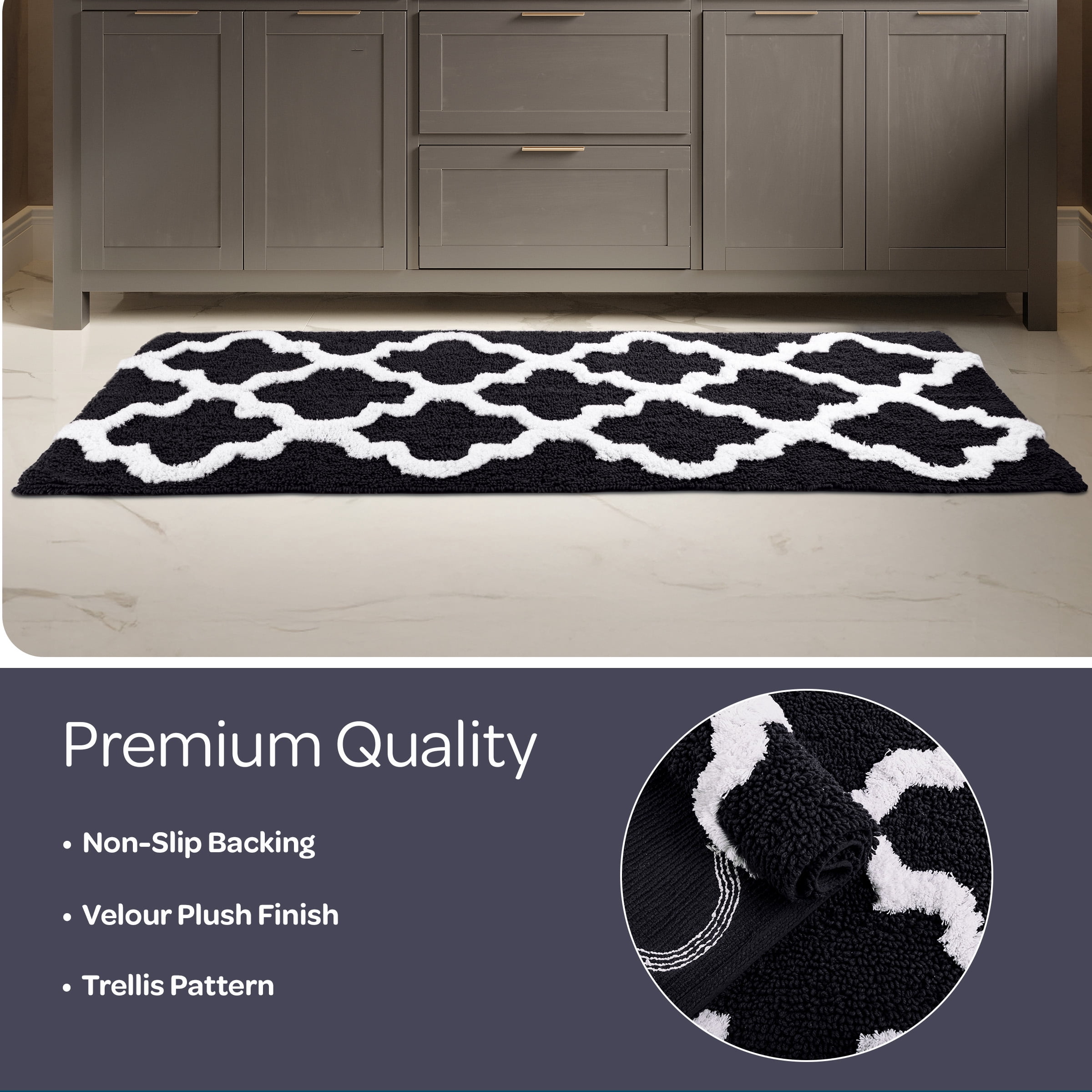 Lavish Home 24 x 60 Inch Bathroom Rug - Non Slip Cotton Bath Mat (Black)