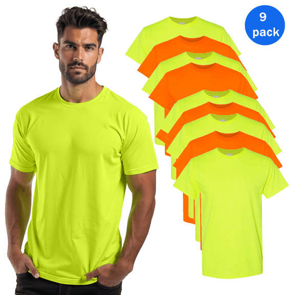 Gildan High Visibility Short Sleeve Safety Tee | 5.3 oz. Durable Hi-Vis Work T-Shirt Made of 50/50 Cotton/polyester in Orange and Green,9 Pack, Size- S