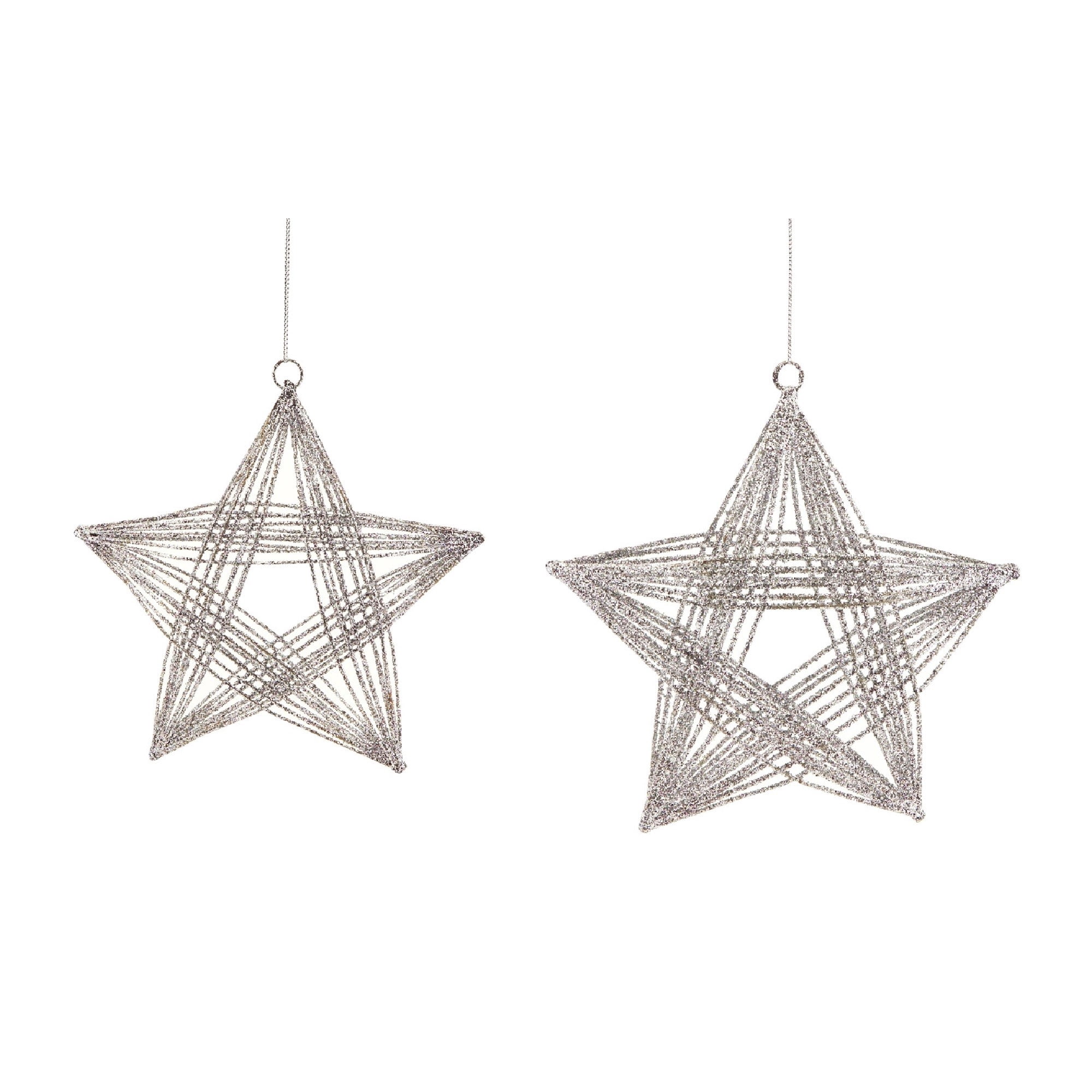 Set of 2 Silver Glittered 3D Wire Frame Star Christmas Ornaments 8.25"
