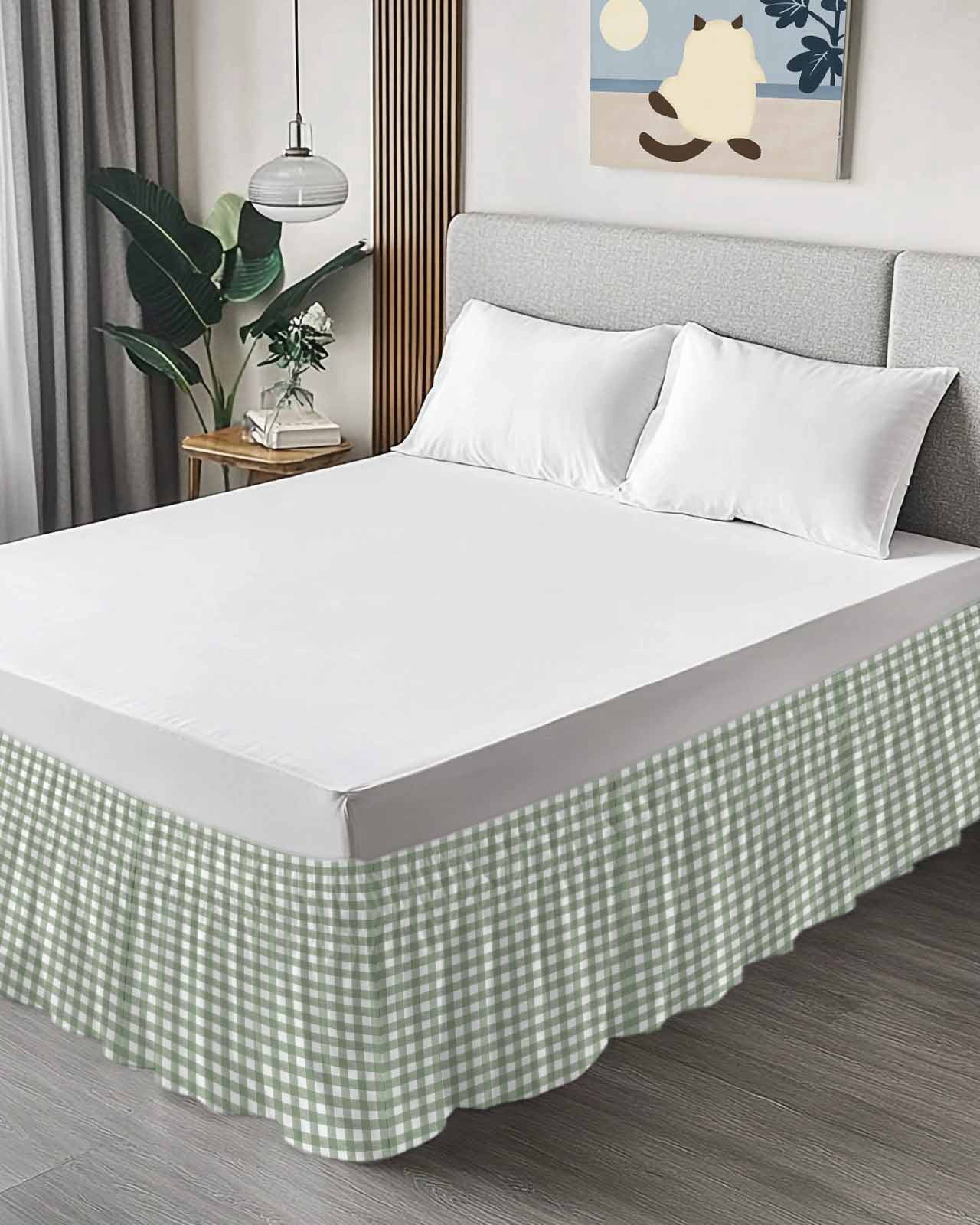 Sage Green Buffalo Plaid Bed Skirt Cal King Size, Farmhouse Green White Checkered Wrap Around Bed Skirting with Adjustable Elastic Strap, Dust Ruffled Pleated Bedskirts 16 Inch Drop for Bedroom Beds