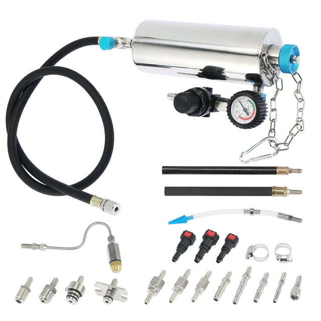 Unique Bargains 1 Ensemble d'Outils de Nettoyage pour Systèmes d'Injection de Carburant Automobile pour Système de Carburant Série CFS 600 ml 140 Psi. le Kit Comprend un Réservoir en Métal Ton Argent avec une Capacité de 600 ml, un Manomètre (0-140 Psi), des Tuyaux en Caoutchouc Noirs et Divers Adaptateurs pour Voitures et Camions Légers de l'UE, de l'Asie et des États-Unis. l'Ensemble Comprend Également une Chaîne pour un Montage Sécurisé, un Connecteur d'Alimentation en air et un Manuel d'Instructions Détaillé