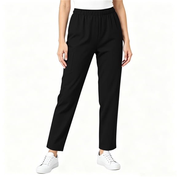 LEAVINGSUO Women’s Elastic Waist Scrub Pants Solid Color Loose Work Uniform Loose Tight Waist Pocket Nursing Uniform Pants Black S