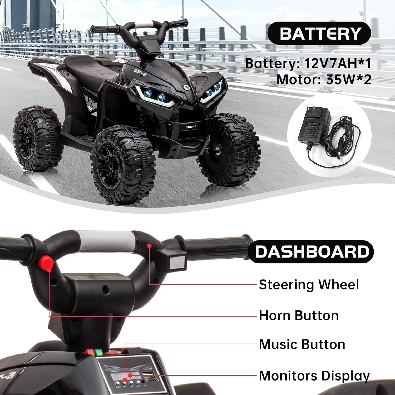 Luku 12V Kids Ride-On Electric ATV, 4 Wheel Dual Drive Toy Car with Music for Boys Girls Gift, Black