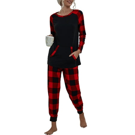 

LilyLLL Womens Plaid Check Print Loungewear Pjs Christmas Xmas Long Sleeve Sleepwear Pyjamas