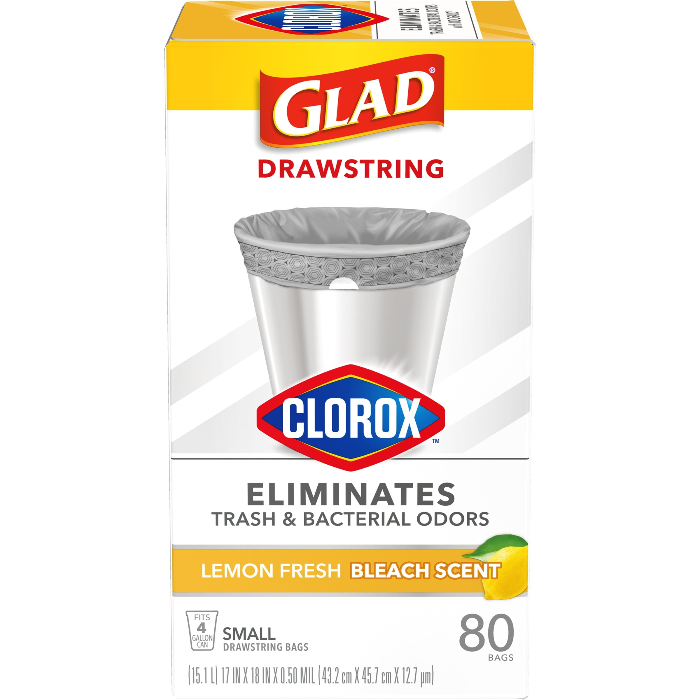 Glad Small Drawstring Trash Bags with Clorox, 4 Gallon Grey Trash Bags
