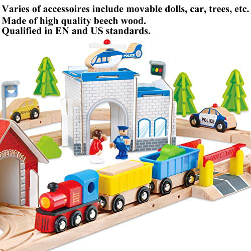 Magnetic Trains Cars and Assembled House Thomas,Chuggington Wooka 80 Pcs Wooden Train Set Train Track Fits Brio 80pcs Toy Train Set for Kids Age 3 and Up 
