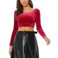 thumbnail image 1 of INSPIRE CHIC Women's Velvet Long Sleeve Off Shoulder Solid Crop Tops XS Red, 1 of 6