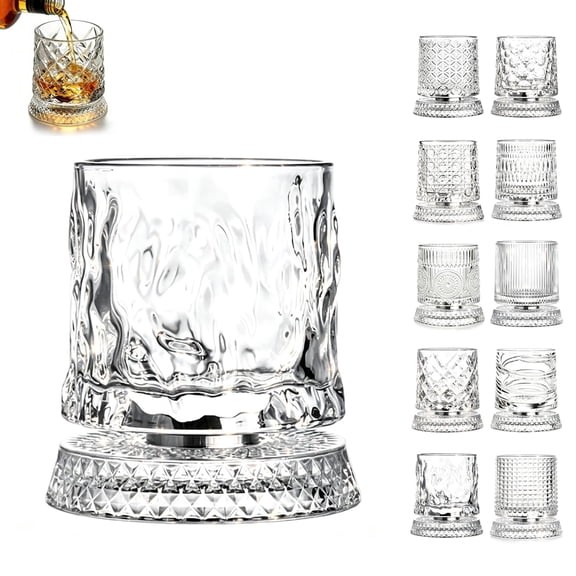 Spinning Crystal Whiskey Glasses, Rotating Whiskey Glass with 360° Spinning Base, Heavy Crystal Tumbler for Bourbon, Scotch, Rum, Cocktail Gift for Men
