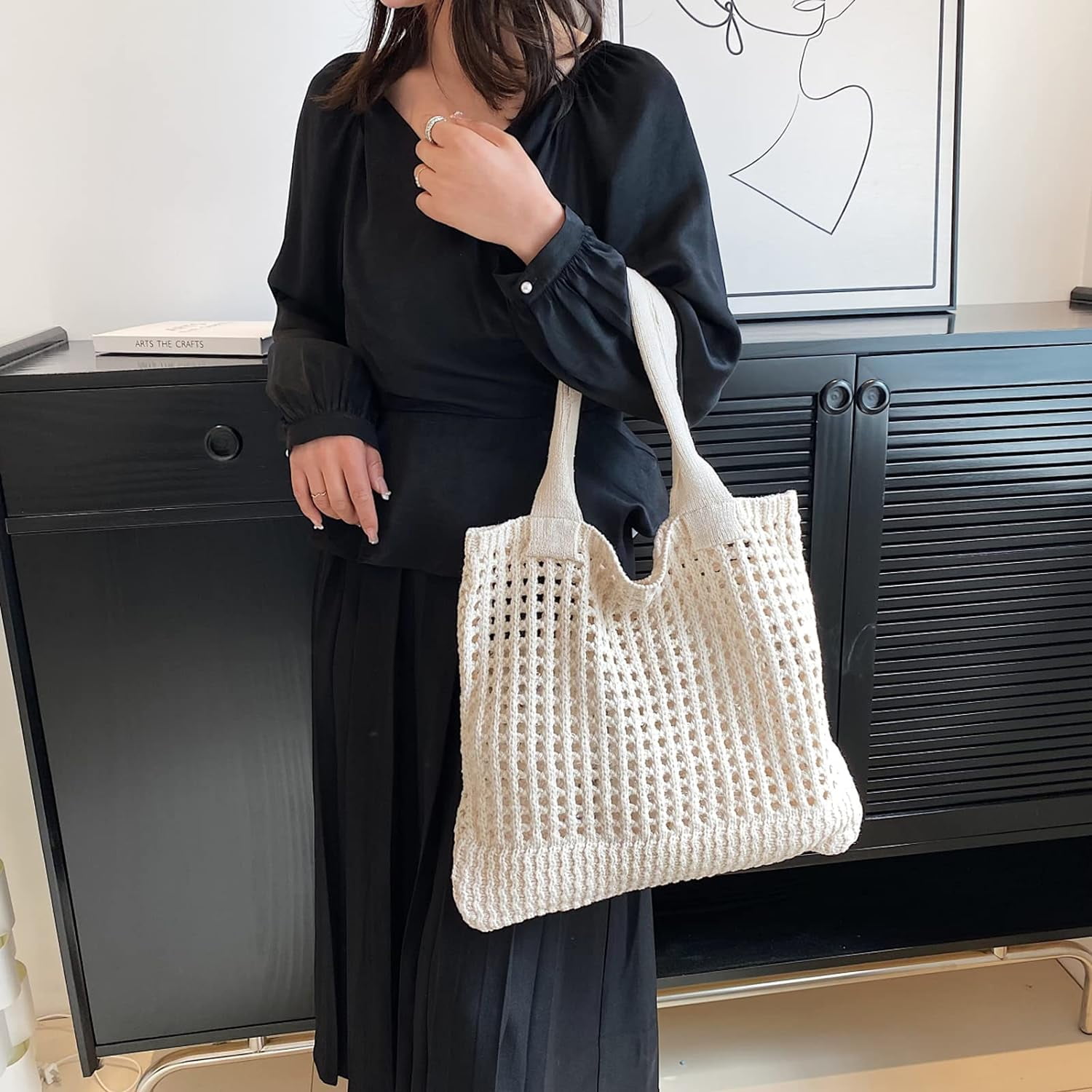 Kukuzhu Crochet Beach Bags for Women, Woven Travel Tote Fishing Net Handbag Shopping Large Hobo Shoulder Bag for for Holiday