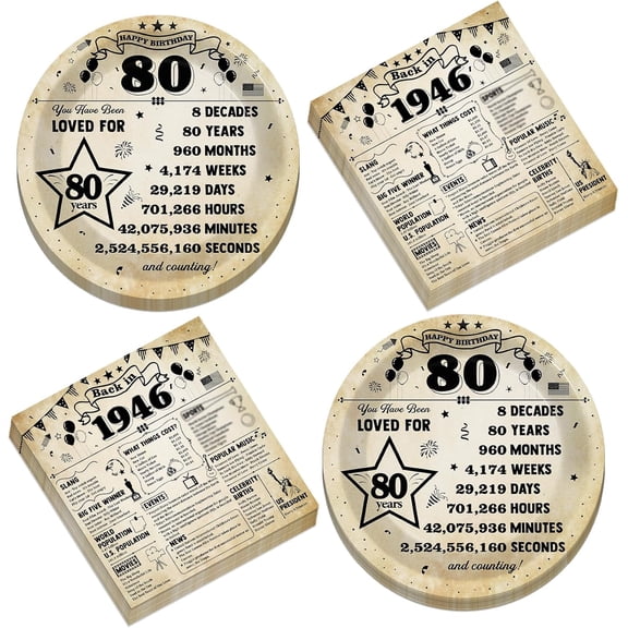 50 Pcs Back In 1946 Birthday Plates And Napkins 80th Birthday Party Decorations Vintage 80 Year Old Dessert Plates Vintage Theme Tableware Set Serve 25 Guests Men Women 80th Party Favor Supplies