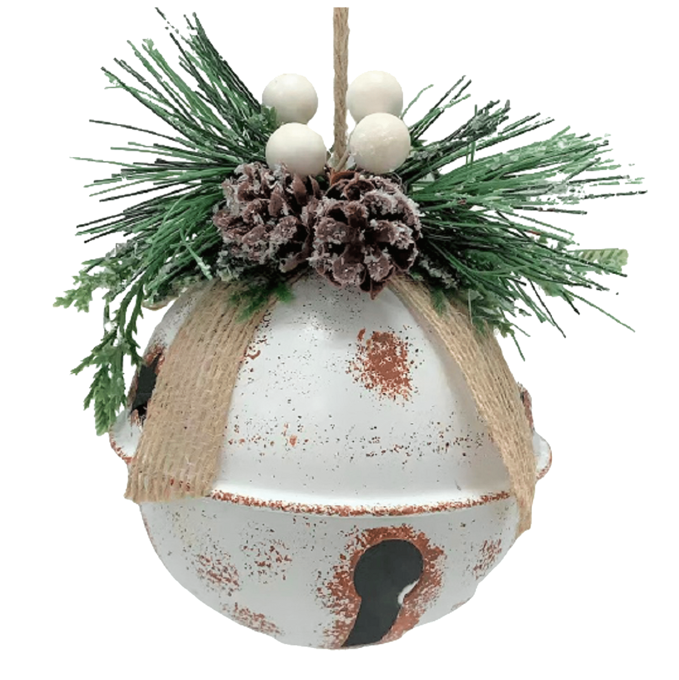 Holiday Time Anti White Metal Round Bell Ornament. Cozy Theme. Rustic Finish. White Color.
