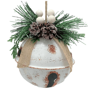 Holiday Time Anti White Metal Round Bell Ornament. Cozy Theme. Rustic Finish. White Color.