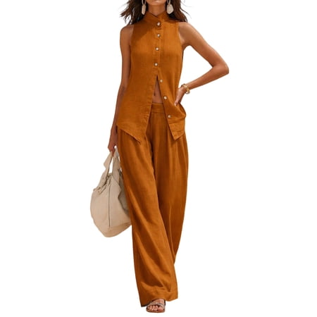 Textilo Women s Sets 2 Piece Outfits Cotton Linen Button Up Tops Pants Outfits Sleeveless Wide Leg Sets Solid Color Summer Travel Vacation Loose Walking Activewear Saffron XL