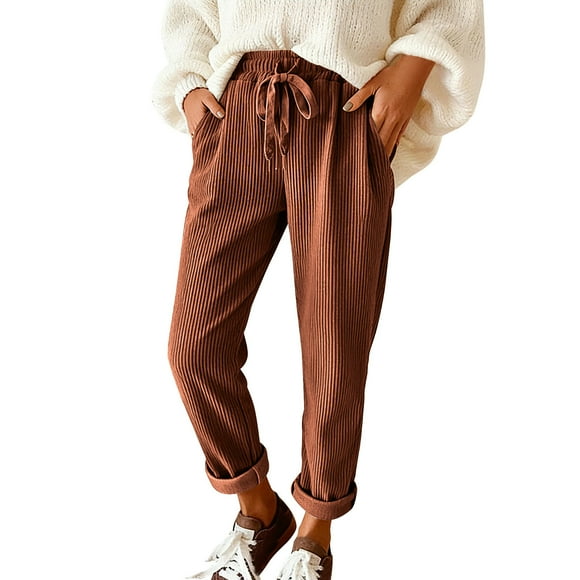 FRSASU Corduroy Pants for Women Casual Drawstring Elastic High Waist Straight Leg Pants Loose Comfy Trousers with Pockets Brown M(M)