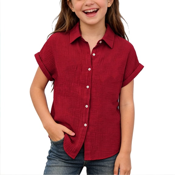 KyCheLot Boys and Girls Button Shirts Lapel Neck Solid Color Rolled Short Sleeve Shirts Kids Casual Summer Blouses