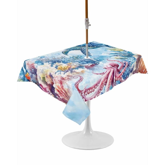 Outdoor Table Cloth with Umbrella Hole and Zipper,Sea Turtle Octopus Waterproof Rectangle Tablecloth 54"x80",Coastal Coral Summer Ocean Watercolor Washable Table Cover for Outside Party Patio Picnic
