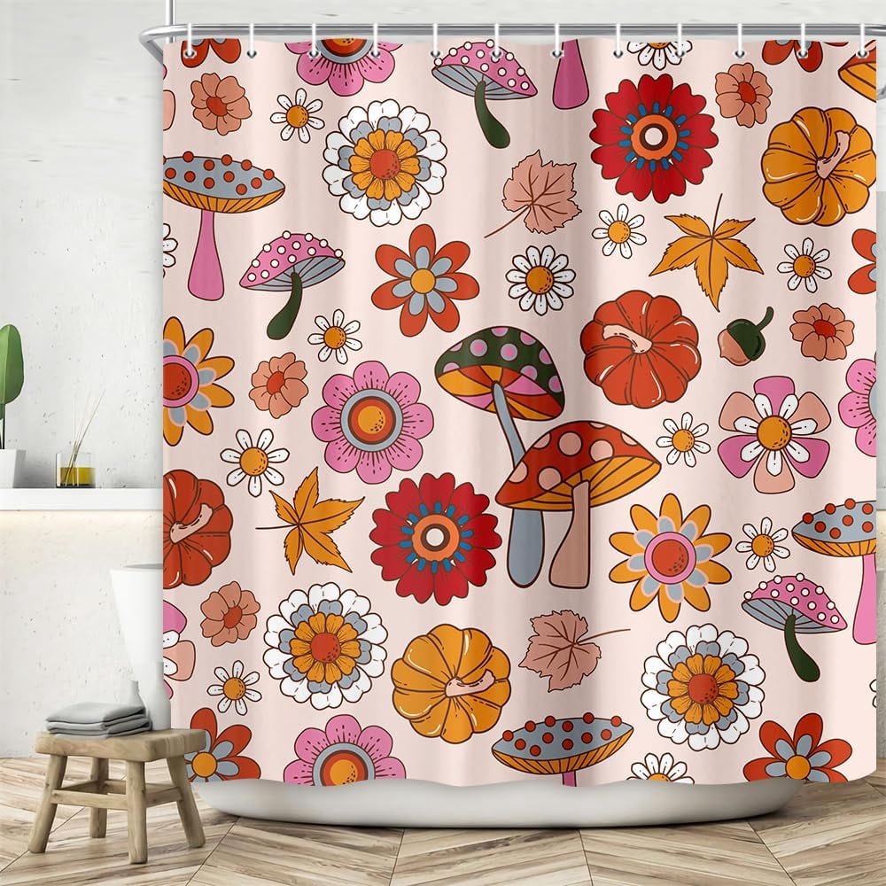 Retro Sun Flower Shower Curtain, Vintage Hippie Funky 70s Sun Flowers Shower Curtains for Bathroom Decor, Boho Colorful Floral Shower Curtain Set with 12 Hooks, 72X72in
