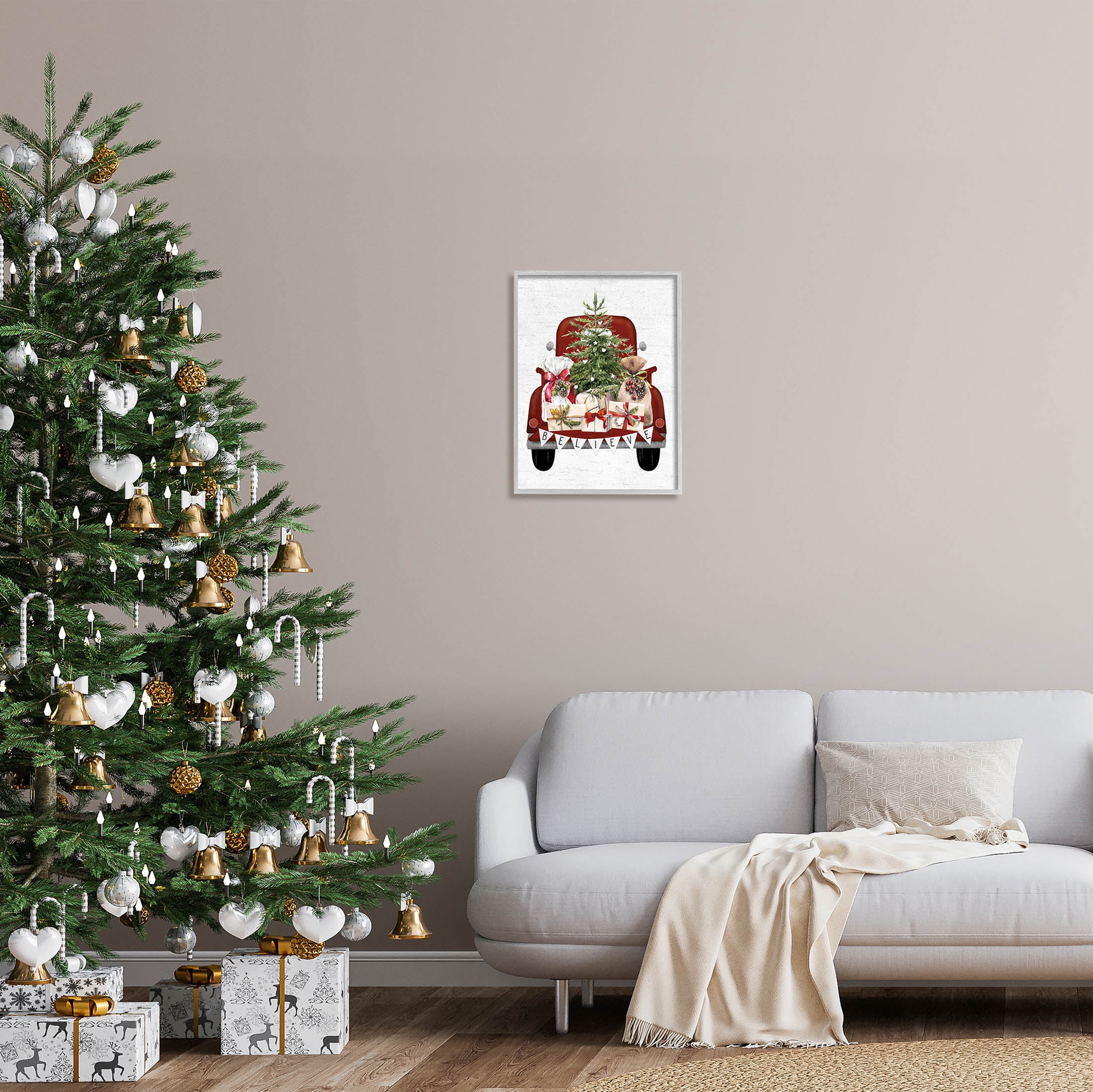 Stupell Industries Believe Seasonal Christmas Truck Graphic Art Gray Framed Art Print Wall Art, Design by Lettered and Lined