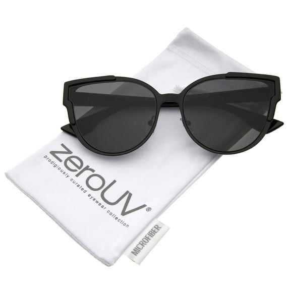 zeroUV Female Women's Semi-Rimless Metal Frame Flat Lens Cat Eye Sunglasses 56mm (Black / Smoke) - 56mm