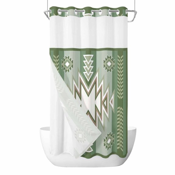 Sage Green Boho No Hook Shower Curtain Waterproof,Bathroom Curtains with Snap in Liners and See Through Top Window,American Native Southwest Abstract Art Hotel Style Bathtub Curtains Shower 54"Wx78"L