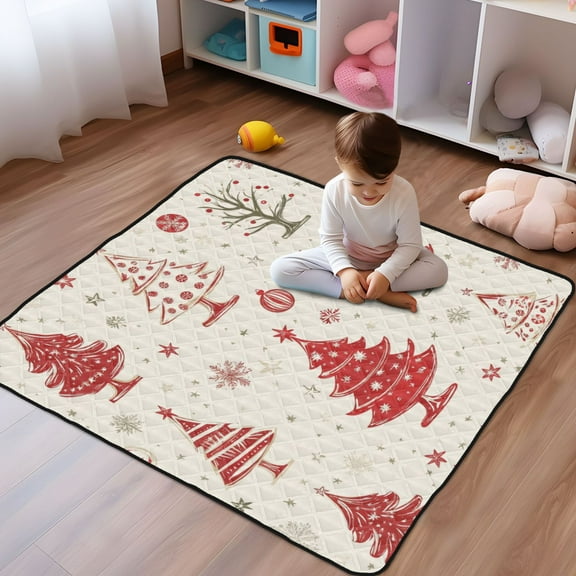 WOBOGO Red Christmas Tree Beigepattern Baby Playmats Extra Large Waterproof Rollable Activity Pads for Toddlers 50×50inch