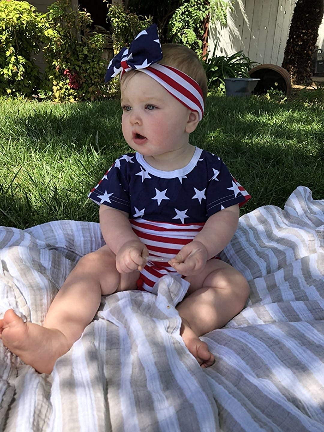 4th of July Toddler Baby Boy Girl Romper American Flag Stars Stripes Pompom Sunsuit Tassel Balls Headband