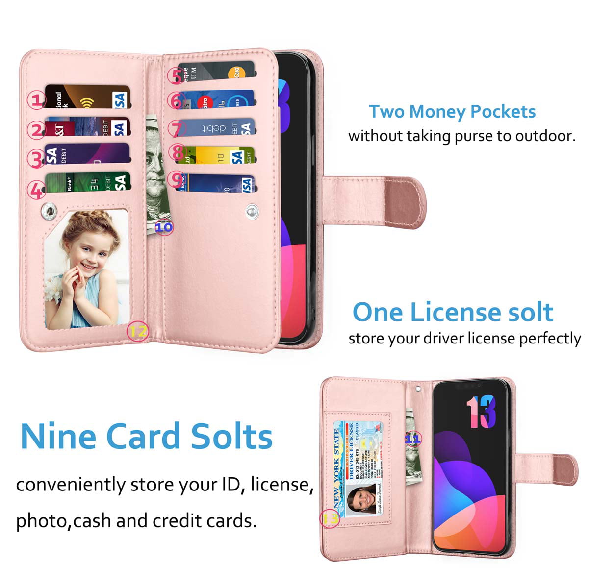 Durf contact honing iPhone 13 Case, Wallet Case for iPhone 13, iPhone 13 PU Leather Case, Njjex  Luxury PU Leather [9 Card Slots Holder ] Carrying Folio Flip Cover  [Detachable Magnetic Hard Case] -Rose Gold - Walmart.com
