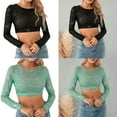thumbnail image 2 of Aellinatey Women's Sequins Glitter Crop Top Long Sleeve Round Neck Shimmer Party T-Shirt, 2 of 14