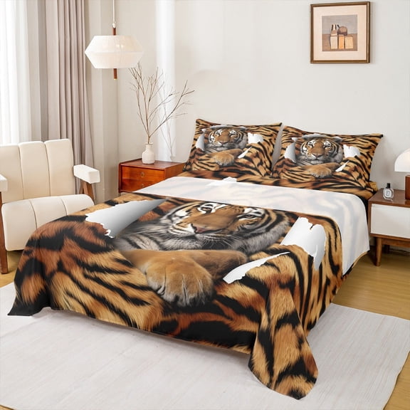 Homewish Wild Tiger Pattern Twin Sheet Sets,Jungle Wildlife Twin Fitted Sheet,Black Brown 03 For Boys,Ultra Soft Home Decor,3pcs