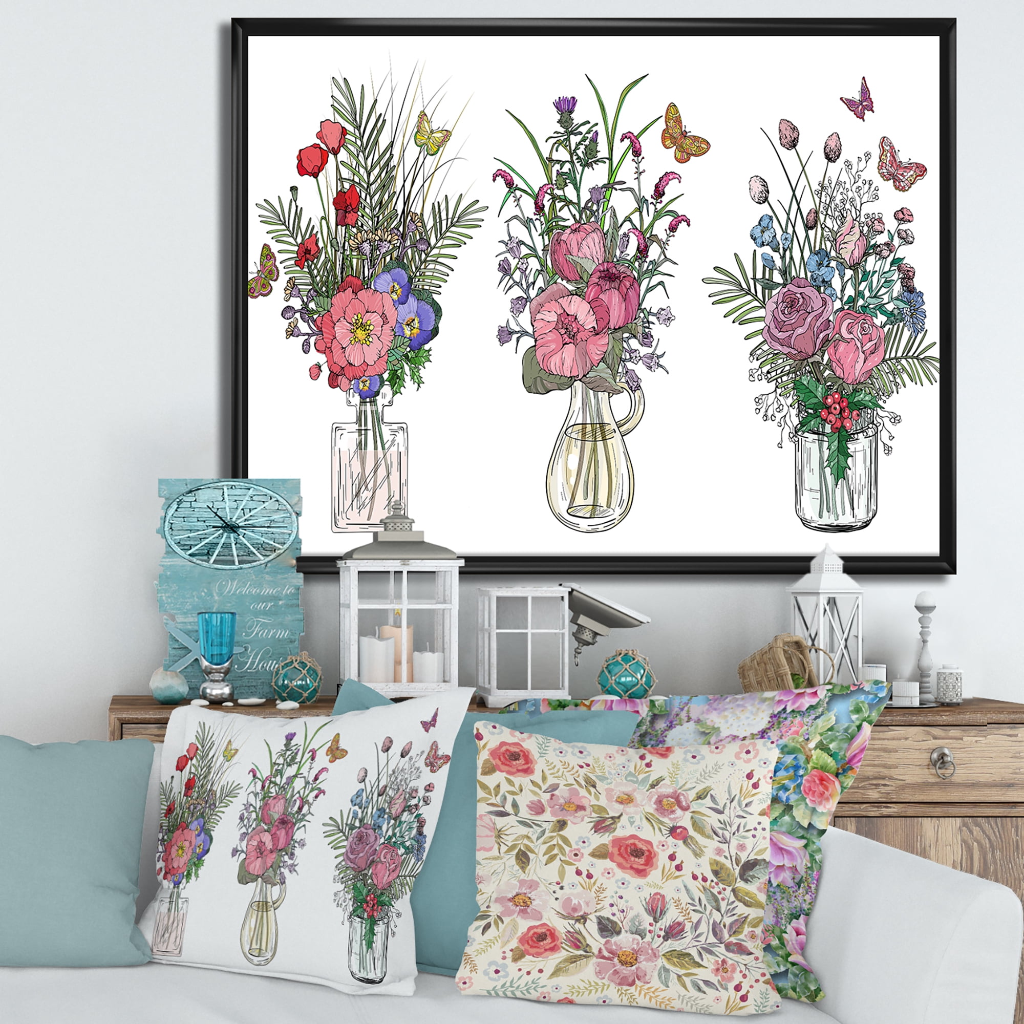 Designart 'Transparent Vases With Bouquets of Wildflowers II' Farmhouse Framed Canvas Wall Art Print