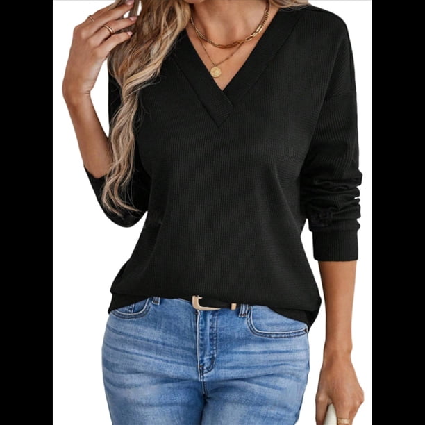 Blusas de Punto Gofre para Mujer, Blusas Casuales de Larga con Farol, Cuello en V, Camisetas Oversize. Negro M