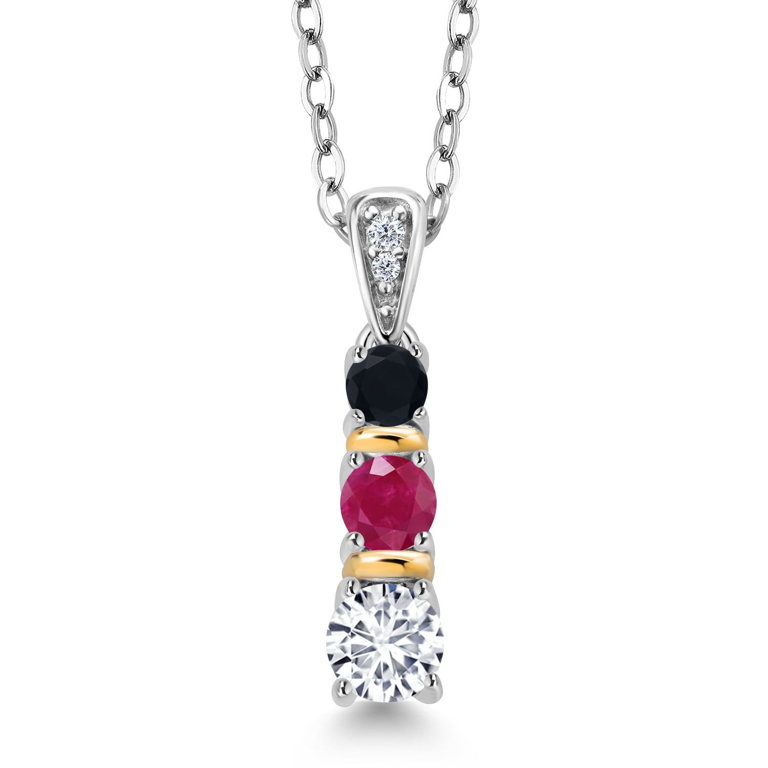 Gem Stone King 925 Silver and 10K Yellow Gold Round White Lab Grown Diamond Red Ruby and Black Onyx Pendant Necklace for Women (0.62 Cttw, Gemstone April Birthstone, with 18 inch Chain)