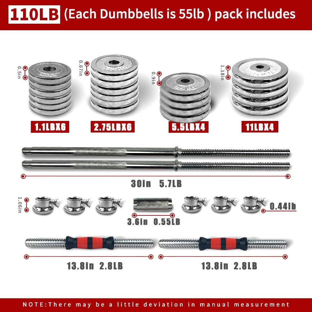 LuckyNote 110 lbs Adjustable Dumbbell Set, Cast Iron Barbell Weight Set with Carry Box, 2-in-1 Dumbbell Barbell Conversion, Home Gym Strength Training Equipment for Men Women, Silver