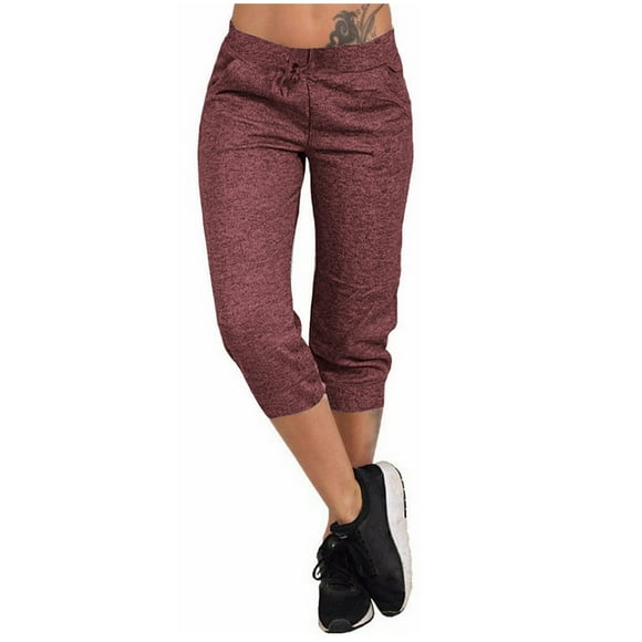 Yanlir Clearance Capri Pants for Women's Summer Yoga Pants Loose Soft Drawstring Workout Sweatpants Outdoor Athletic Causal Knee Length Pants with Pockets(Wine,S)