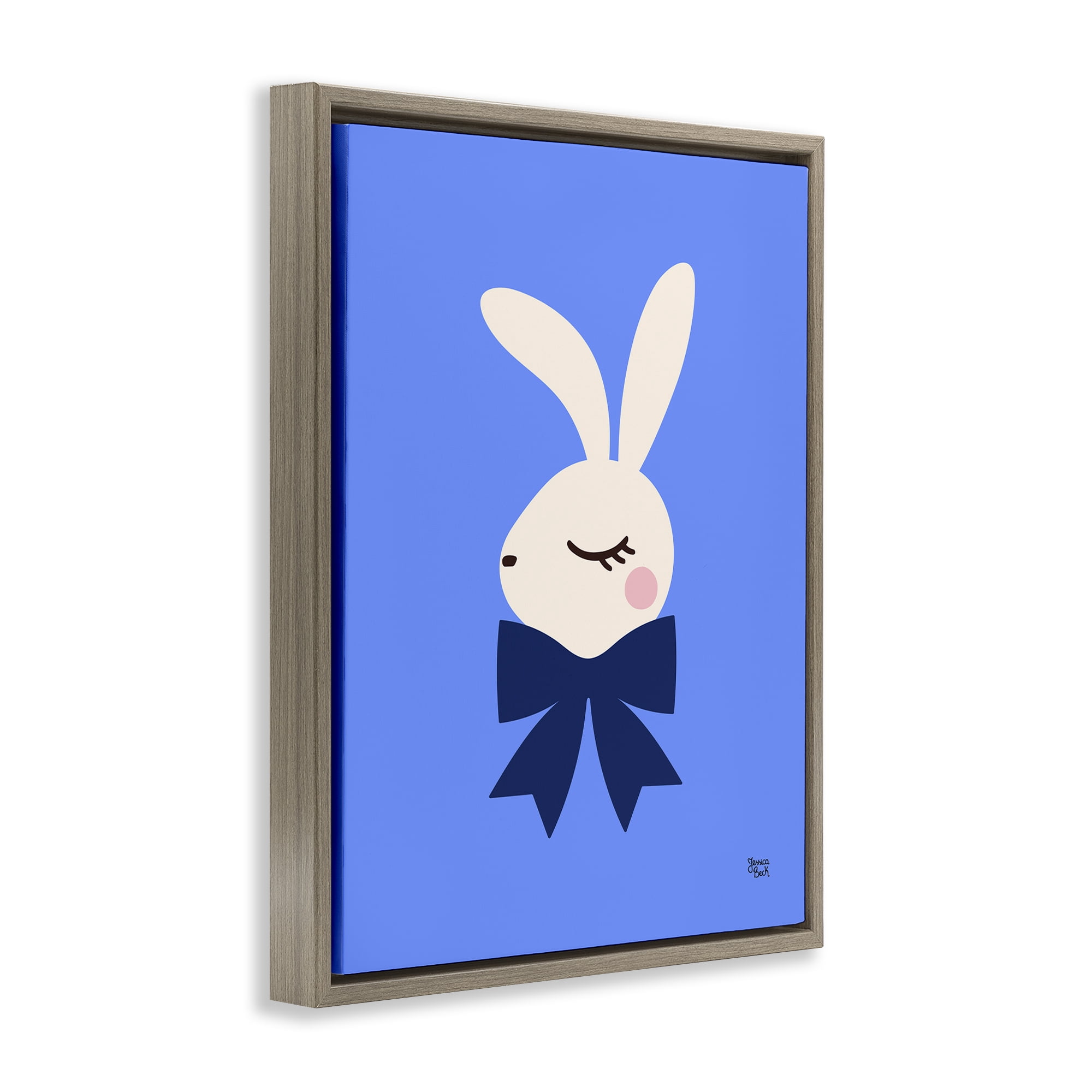 Stupell Industries Rabbit with Ribbon on Blue Animals Painting Brown Floater Framed Canvas Art Print Wall Art, 25 x 31