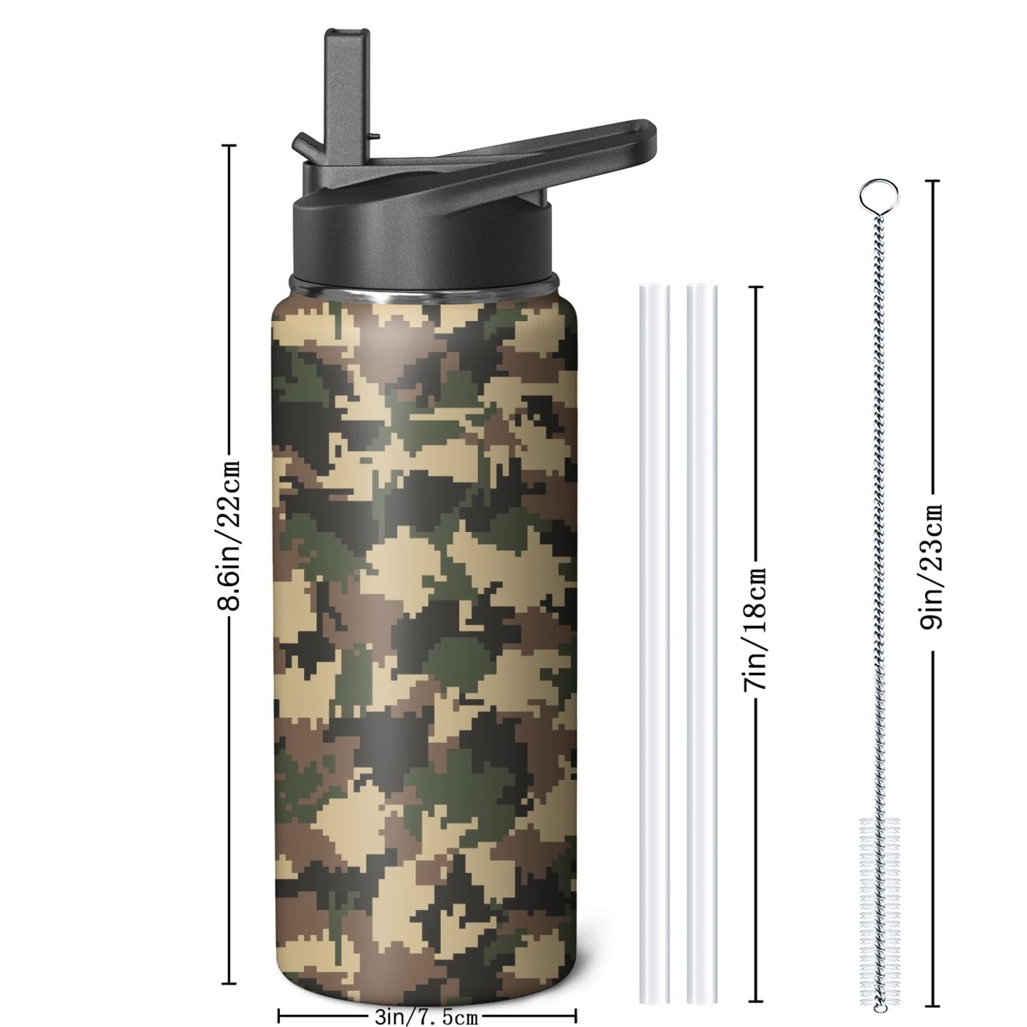 Camouflage Insulated Stainless Steel Water Bottle with Straw & Cleaning Brush – 18/32/40 Oz | Leakproof, BPA-Free, 304 Stainless Steel, Wide Mouth, Travel Mug for Car, Gym, Office
