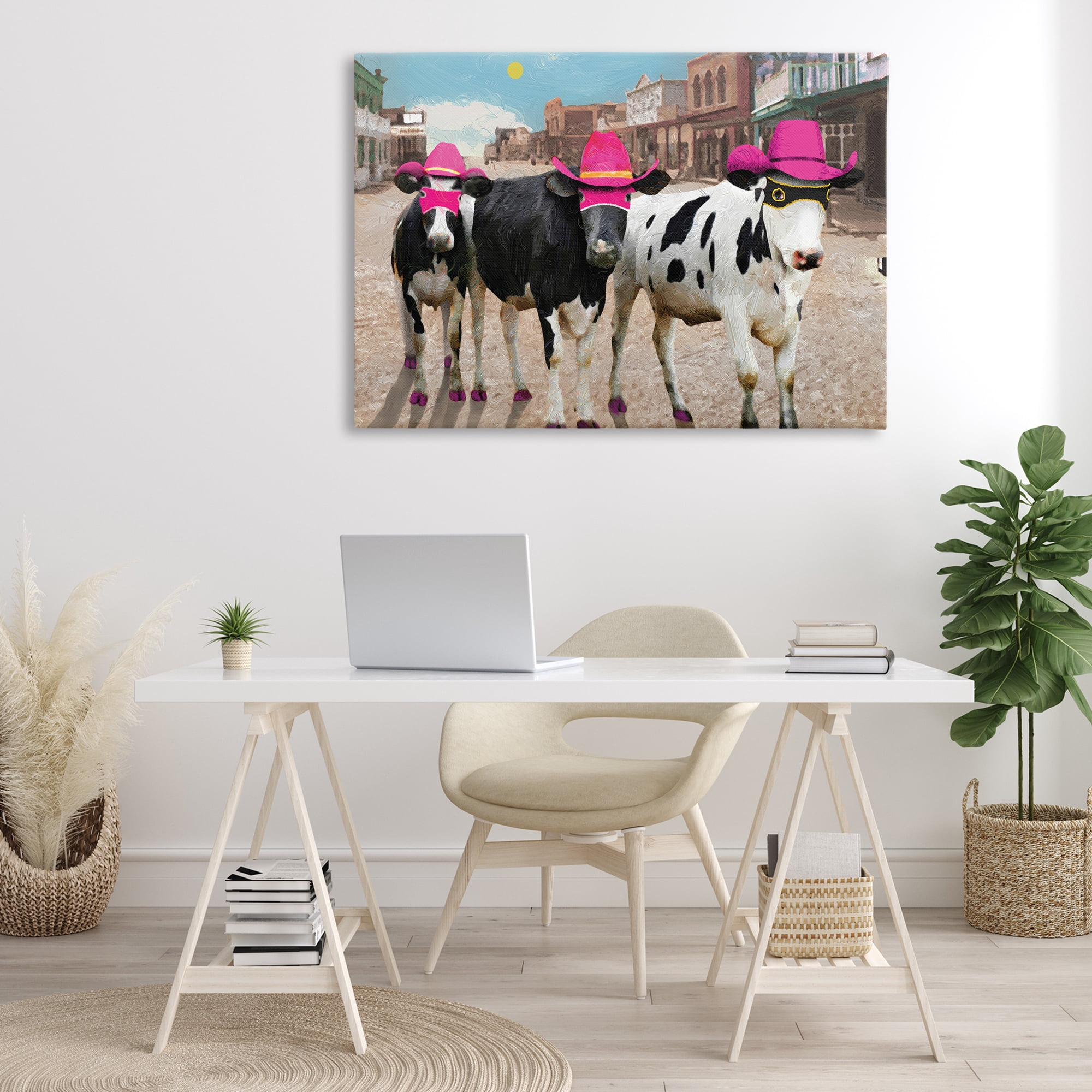 Stupell Industries Superhero Cows in Town Scenery Painting Gallery Wrapped Canvas Art Print Wall Art, 45 x 30