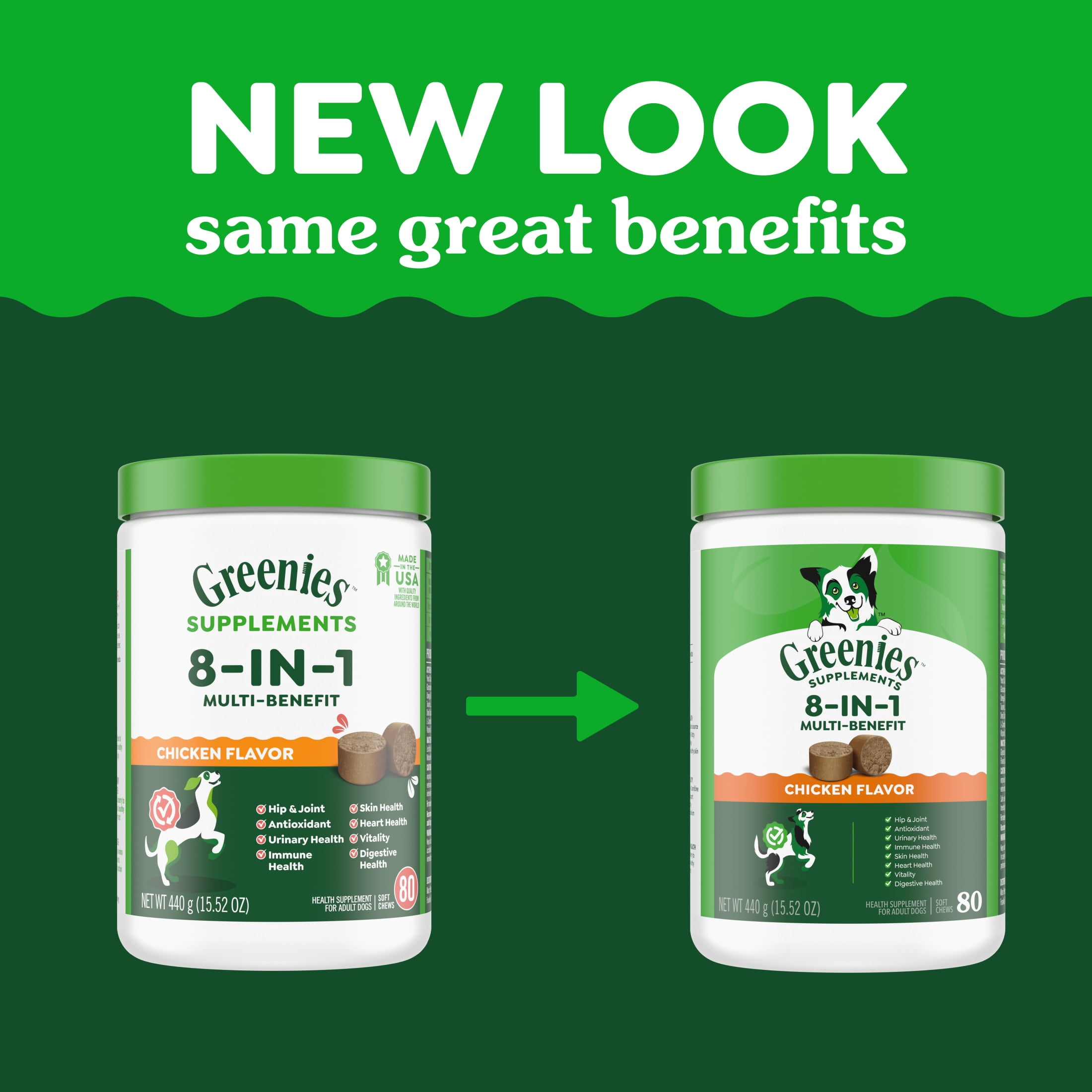Greenies Supplements Chicken Flavor 8-in-1 Multi-Benefit Soft Dog Chews, 15.5 oz Tub, 80 Count
