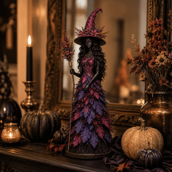 Golden Harvest - Enchanted Autumn Witch Figurine,Hand-Painted Resin Fall Witch Figurine with Floral Witch Hat for Indoor Autumn and Halloween Tabletop Hobby Display,Purple,S