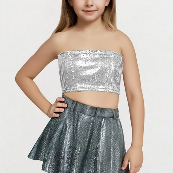 Kids Girls Shiny Sequins Short Sleeve Crop Tops Sparkly T-Shirts Jazz Hip Hop Street Performance Dance Costume Silver 13-14 Years