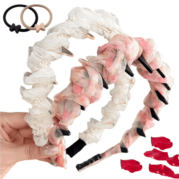 2026 New Retro High Skull Pearl Headband, Voluminous Comb Headband With Teeth for Women, Vintage High Cranium Artificial Pearl Hairband, Anti-Slip Wavy Zigzag Headbands (2PC-A)