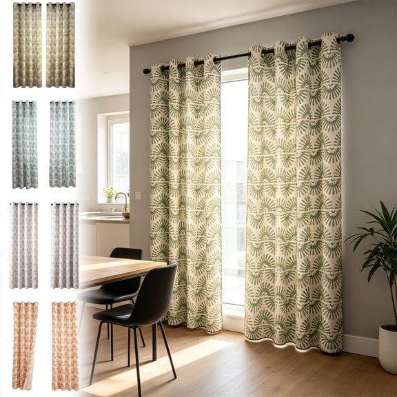 PYURTEP Boho Curtains, Semi-Blackout Sheer Curtains, Green Textured Drapes with Colorful Bohemian Print for Bedroom, Living Room, Boho Decor