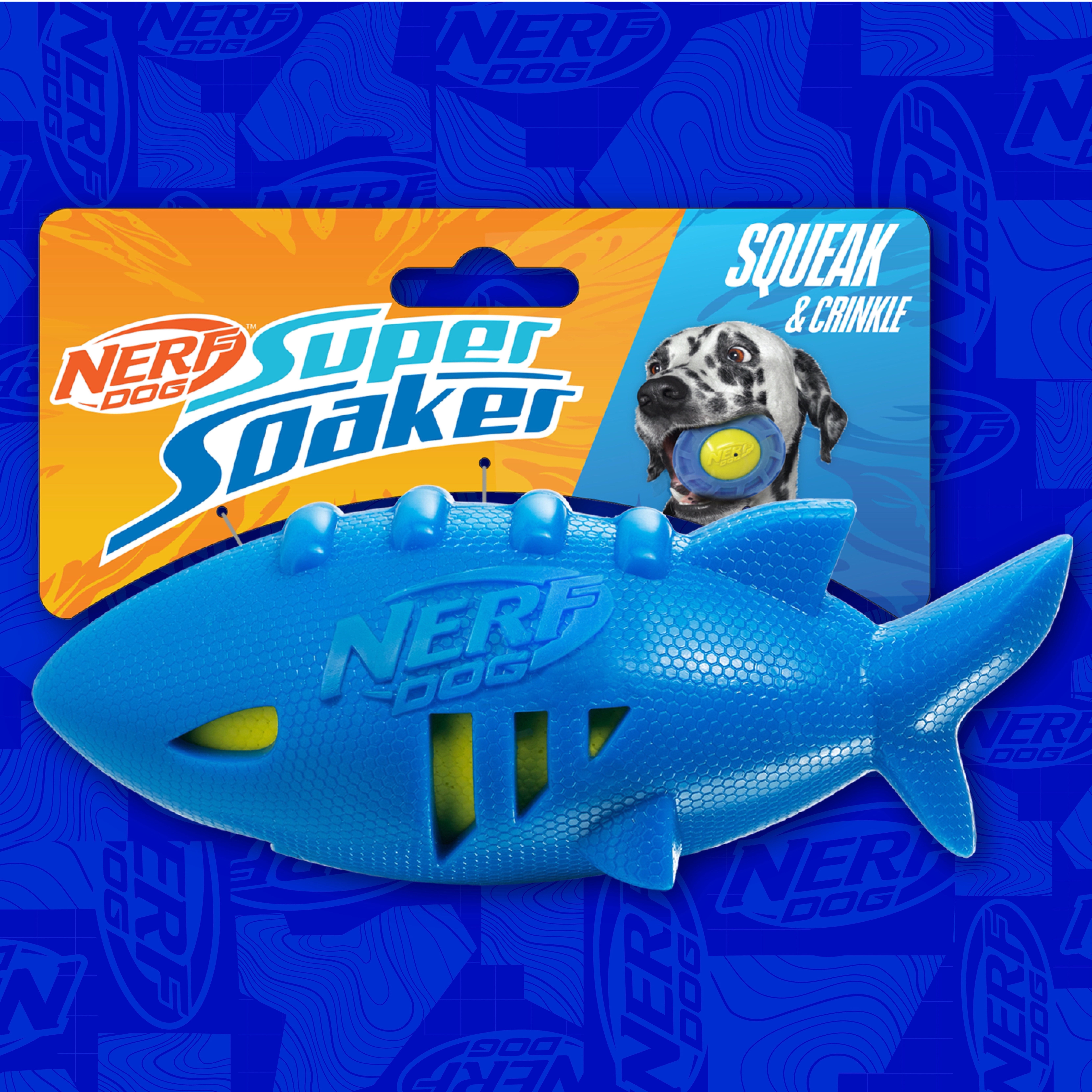 Nerf Dog Shark Football Dog Toy with Water-Soaking Squeak, Blue, 7 inch
