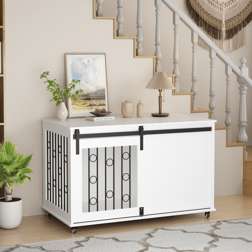 39.37'' Modern Wooden Dog Crate Furniture with Sliding Barn Door and Side Door, Indoor Dog Kennel End Table for Small to Medium Dogs, Decorative Pet Crate with Metal Bars and Lockable Wheels – White
