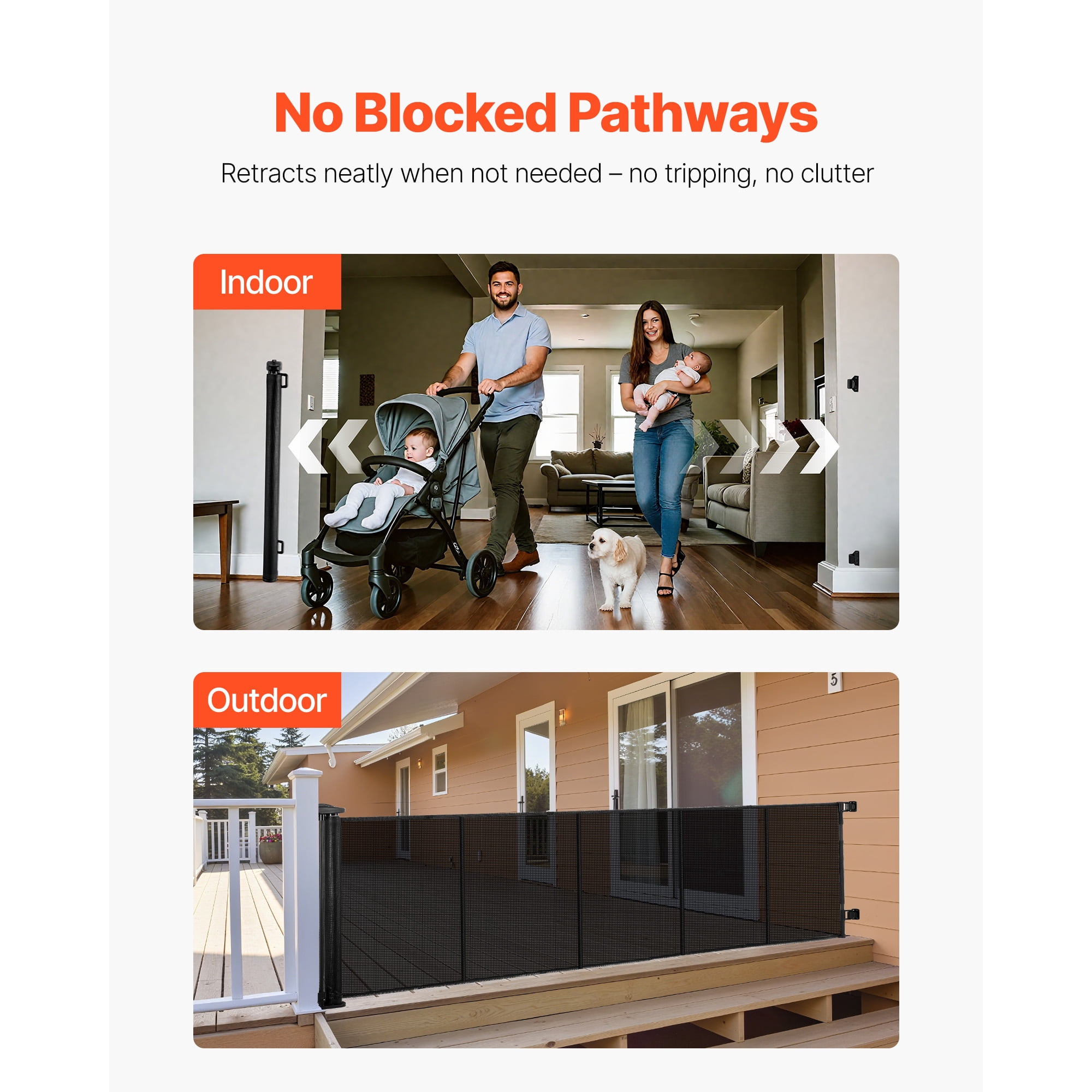 KFFKFF Retractable Baby Gate, Expands Up to 122 Inches Wide, 31.3 Inches High, with Durable Fiberglass Strips, Prevents Crawling, Mesh Pet Barrier for Decks, Doorways, Garages, Indoor Use, Black